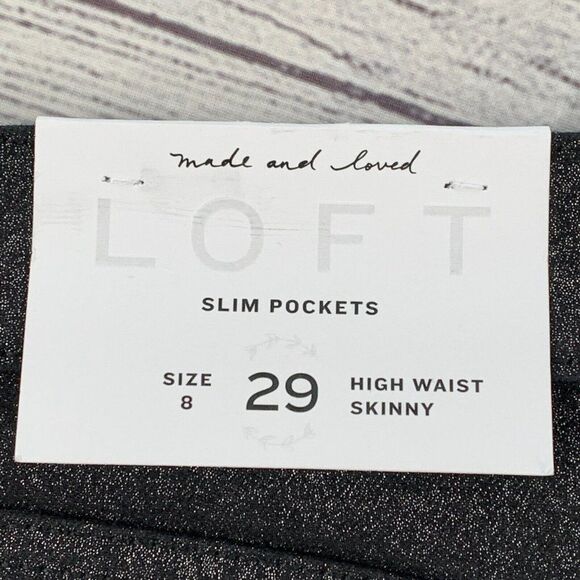 LOFT sz 8 29 Pants Black Sparkle Skinny Slim Pockets High Waist 28" Inseam New - Picture 6 of 11